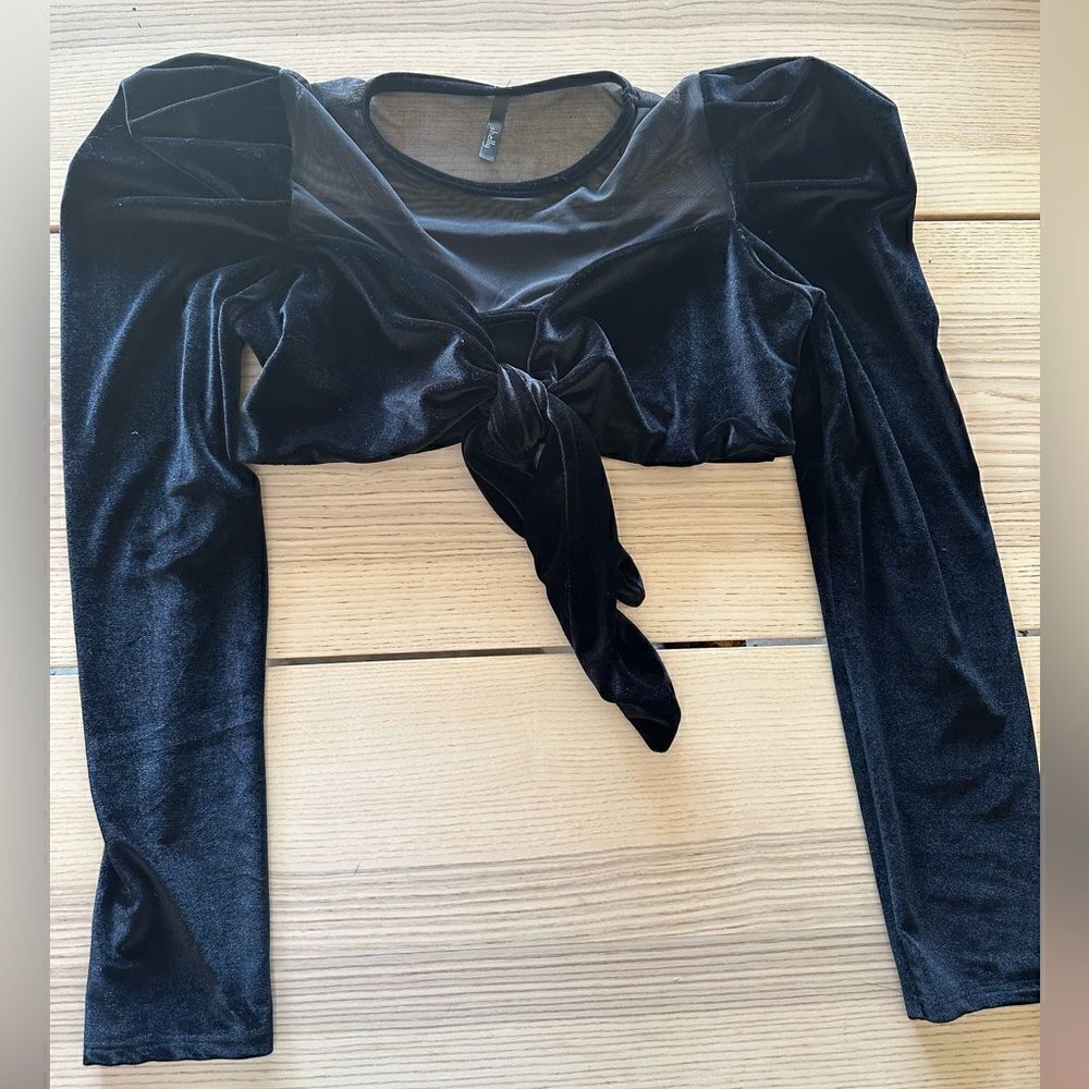 Shelly black velvet and mesh long sleeve crop top - L
